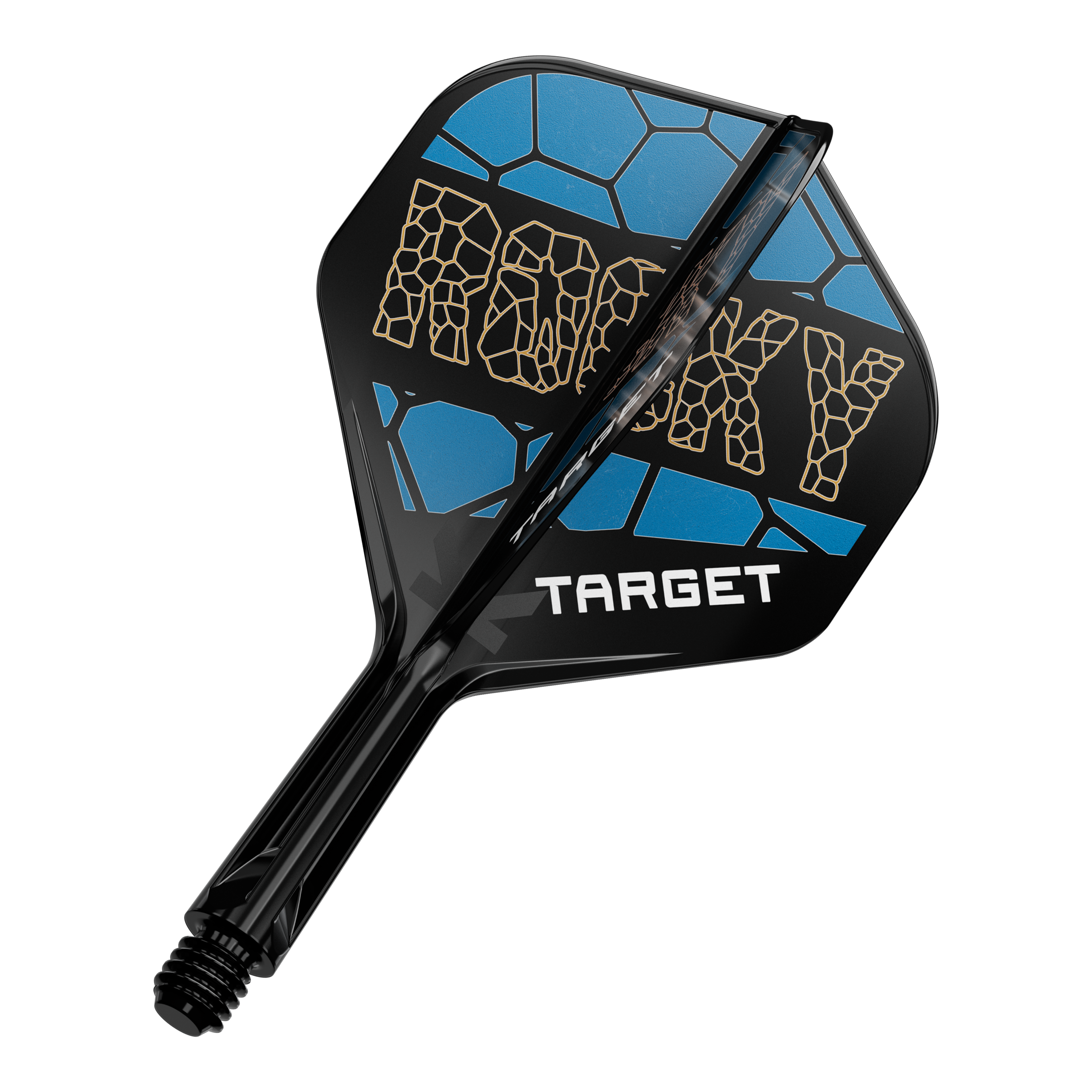 Auf dem Bild ist ein Dart-Flight-System mit der Aufschrift „ROCKY“ in gelber Schrift zu sehen. Das Design ist schwarz und blau und darunter steht das Wort „TARGET“.